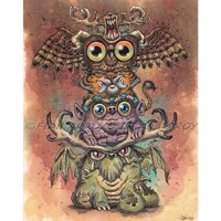 Fantasy Totem Giclee Print, Owl, Dragon, Monster Art, Signed