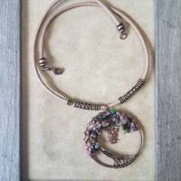 Tourmaline Tree of Life and Copper Owl Charm Leather Choker Necklace,choose your length 12-22 inches