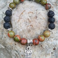 Owl Charm bracelet, Unakite Diffuser Bracelet, Animal lover jewelry, nature lover jewelry, aromather