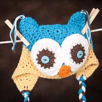 Owl Hat - blue, white, tan, orange, brown with braids (fits Babies, Toddlers, Children and Adults)