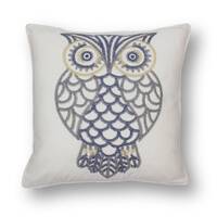 Embroidered Owl Cushion: Grey & Cream Cotton Pillow