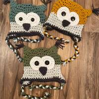 Kids Owl Hat. Toddler Owl Hat. Infant Owl Hat. Hunter Green, Muted Teal, Mustard Yellow Crochet Kids