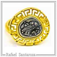 Owl of Athena goddess adjustable ring, tetradrachm oxidized silver coin with Greek Key wreath decora