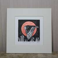 Owl and moon, original, hand coloured, mounted lino print