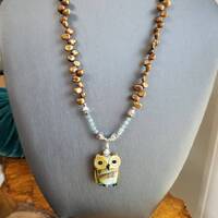 Owl Necklace Art Glass with Apatite & Petal Pearls Sterling Silver, Owl Gift for Her, Unique Han