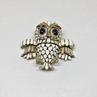 Vintage 18k Gold Owl Brooch: Opal Enamel, Sapphire & Diamond Pin