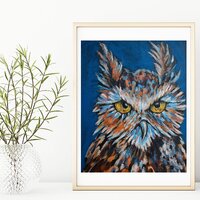 Colorful Owl Portrait Art Print: Blue, Orange, Yellow Eyed