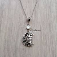 Collier, pendentif, lune, noeuds celtiques, hibou, chouette, pierre blanche, wicca, celtique, elfiqu