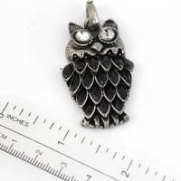 Vintage Unsigned Pewter color Owl Pendant with Clear and Black crystal rhinestones #