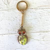 Owl Key Chain Vintage 70s Art Glass Jewel Belly Red Rhinestone Eyes Gold Tone Metal