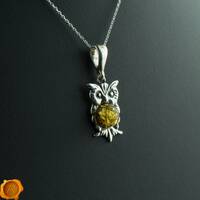 Green Baltic Amber Owl Pendant, Sterling Silver Necklace, Owl Gifts Jewellery Charm