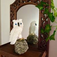 White Onyx hand carved Owl on Pyrite -  home décor or unique table piece