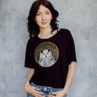 Shimmering Cosmic Owl Screen Print Punk Black Open Neck Crop Tee