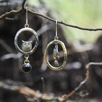 Mismatched Owl and Bat Earrings: Handmade Bronze & Silver Agate Hoops
