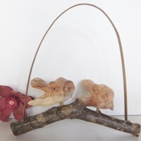 Two OWLS on a branch. Hand carved , hangs or stands