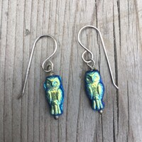 Dainty Owl czech glass earrings on Sterling Silver Ear Wires - Dark Blue