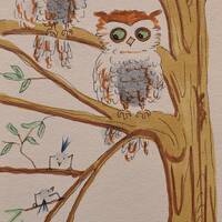 vintage     owl      watercolor  of two   owls and birds artist  signed