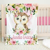 Owl Floral Baby  Blanket, Personalized Blush Pink Watercolor Flowers Roses, Owls Girl Name Blanket, 