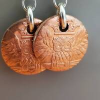 Copper Owl Earrings - Copper Coin Earrings - Copper Drop Earrings - Wise Owl Earrings - Copper Owl J