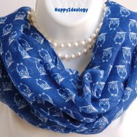 Owl Infinity Scarf.Blue & White Scarf.Lightweight Circle Cowl Scarf.Spring /Summer Scarf.Autumn