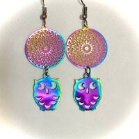 Owl earrings in rainbow stainless steel