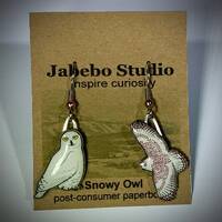Snowy Owl Earrings by Jabebo, Handmade Nature Jewelry with cereal box cardboard