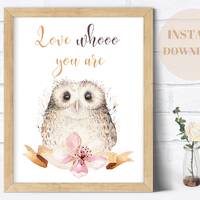 Cute Owl Bedroom Wall Art, "Love Whooo You Are" PRINTABLE,  Owl Theme Nursery Art, Waterco