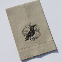 Baroque Crow Skull Owl Bat Cat Rose Embroidered Linen Hemstitched Kitchen Bath Guest Hand Fingertip Towel