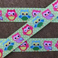 3 yards 7/8" green ribbon with Owls Printed ribbon Birthday Owl Ribbon Grosgrain Ribbon with pi