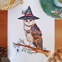 Witch owl and spider print, cottagecore decoration and fantasy art watercolor, fairy tale illustrati