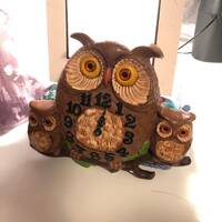Owl Wall Clock Painted Plaster Chalkware Mama and Baby Owls Kitchen Home Boho, Bohemian Retro Vintag