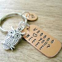 Owl Keychain, Whooo Loves You, Hand Stamped, great gift for family and friends, Best Seller, optiona