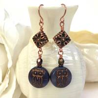 Owl Dangle Earrings, Boho Copper Earrings for Her, Purple Beaded Earrings, Bird Lover Gift, Czech Be