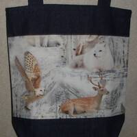 New Large Handmade Snowy Winter Wildlife Owl Deer Fox Denim Tote Bag