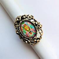 Cute Owl Orange Blue adjustable Ring Romantic Halloween Vintage Antiqued Gold Tone Gothic Style Larg
