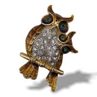 Mom And Baby Owl On A Branch vintage brooch with Crystal and beautiful enamel - Art.208/2