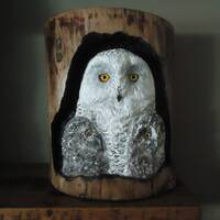 Carved Snowy Owl w/ 2 Owlets, Rustic, Sculpture , Log , , Birthday Gift, Christmas