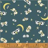 Owl Fabric, By The Yard, Who's Hoo Night Owl, Windham Fabrics, Quilting Cotton, Teal, 51594-3, B