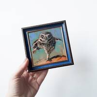 Owl bird painting original in frame Small artwork framed, Bird wall art framed artwork teacher appre