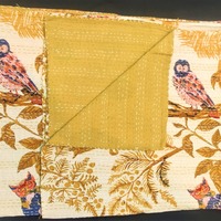 Handmade Owl Print Kantha Quilt, Reversible Indian Throw