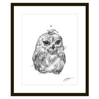 Fat Little Owl - Sketch Illustration - 8.5 x 11 Black and White Animal Art Print
