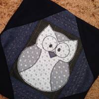 Handmade patchwork tweed cushion with appliqué owl design