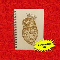 Owl Queen Engraved Wood Notebook, Personalized Journal