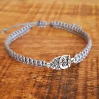 Macrame Owl Bracelet: Silver Cord, Antique Flower Charm, Adjustable