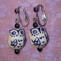 Hand Painted Ceramic Owl Clip On Earrings: Bohemian Hematite Dangles