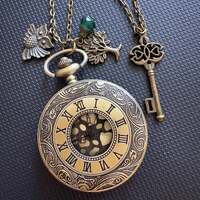Steampunk Roman Numerals Pocket Watch Necklace, with Owl Tree‑of‑Life Key Charms, Green Crystal,