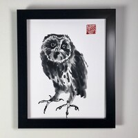 Owl painting print bird art Chinese brush painting bird ink painting Sumi-e decor Asian decor black