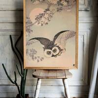 Owl Cross Stitch Pattern , Cherry Blossom ,Ohara Koson , Japanese Art , Pdf , Owl In Flight