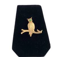 Vintage Small Gold Tone Owl Brooch with Green Eyes