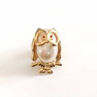 Vintage Gold Tone Faux Pearl Owl Brooch Pin Cabochon Jelly Belly Animal Pin
